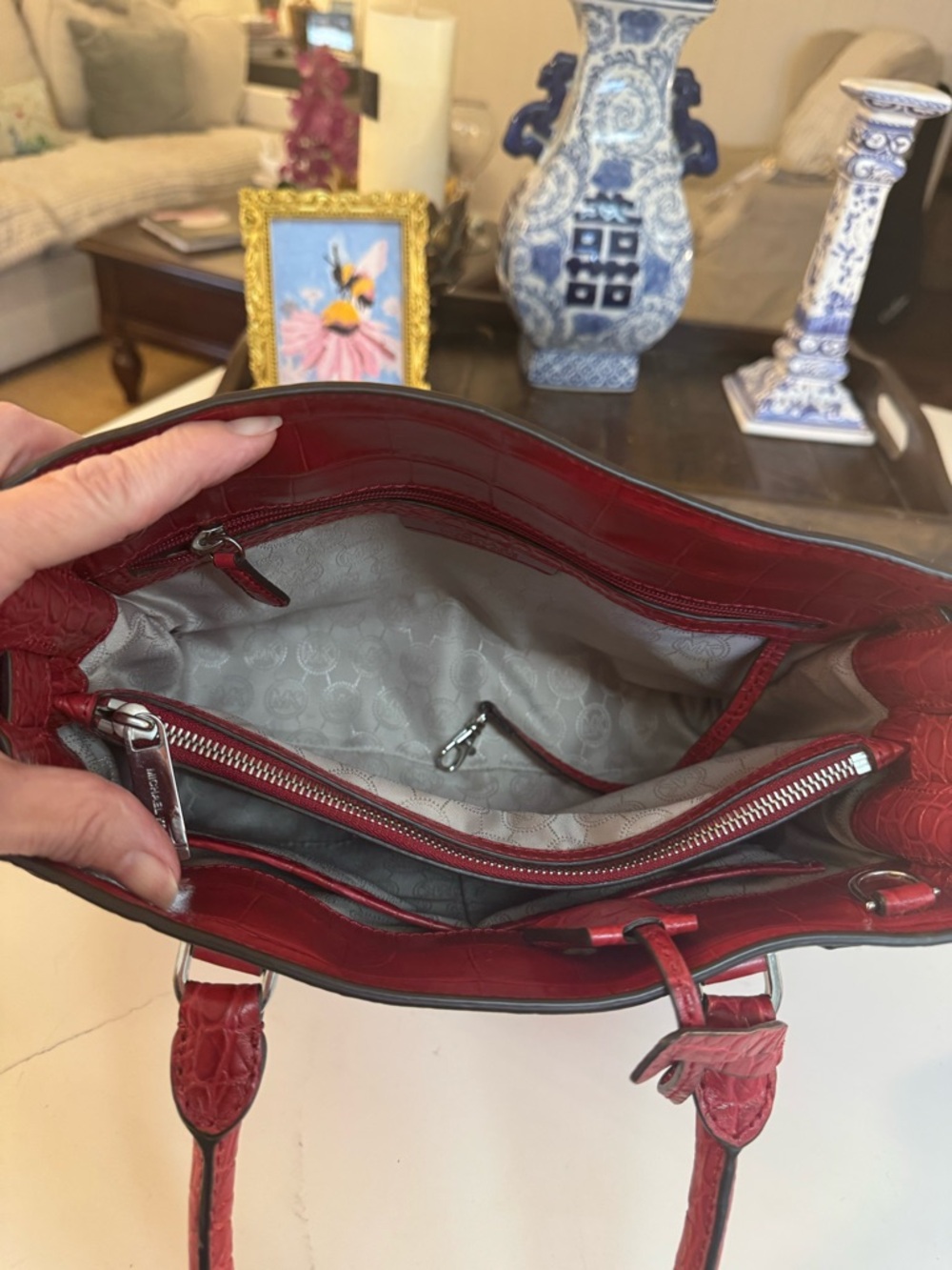 ❤️ MICHAEL KORS DILLON RED MEDIUM LEATHER CROCO EMBOSSED SATCHEL! - Picture 9 of 15